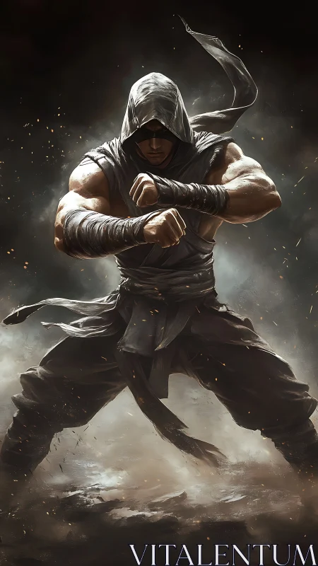 Hooded martial artist in combat stance amid smoky ground.