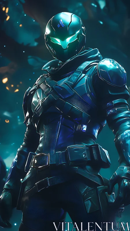 Armored sci fi soldier stands in glowing teal forest environment