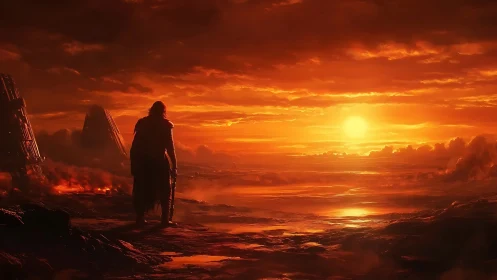 Lone warrior watches molten horizon under burning red sun