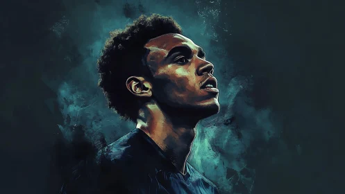 Digital portrait of focused athlete against teal abstract field.