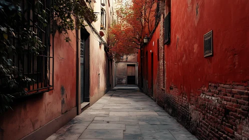Narrow red alleyway glows under autumn canopy light.