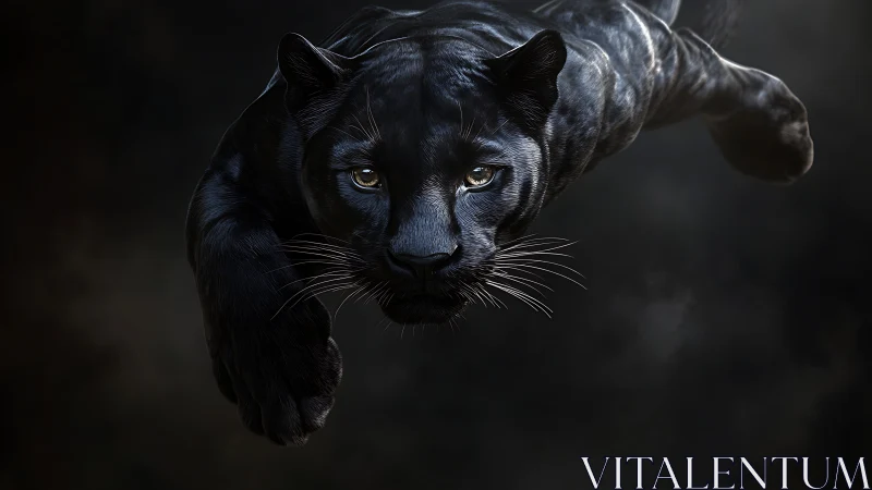 Black Panther Portrait with Luminescent Amber Eyes Against Dark Atmospheric Background