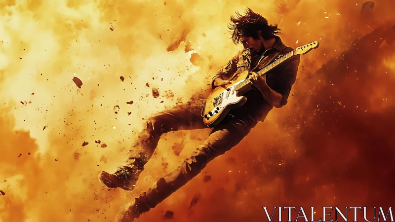 Rock guitarist explodes through fiery orange cinematic blast