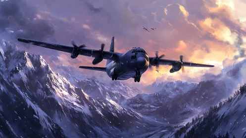 Storm-brushed transport plane carving dusk over icy peaks.