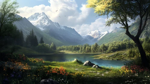 Mountain lake landscape shows layered vegetation and peaks