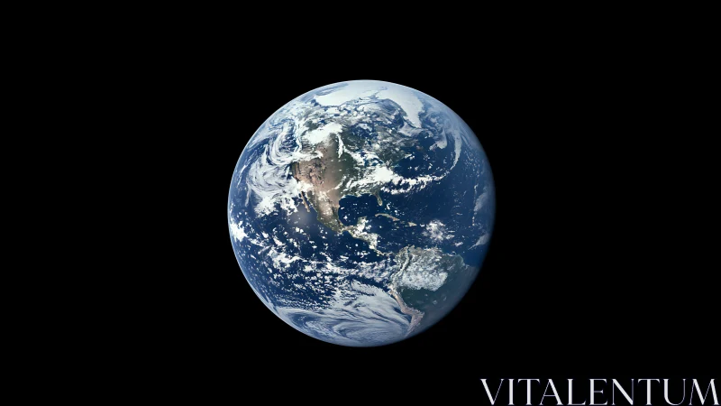 Blue planet drifts in velvet space, swirling with cloud spirals.