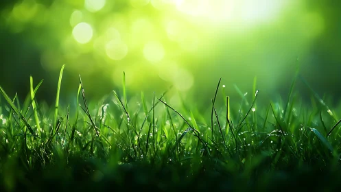 Morning grass closeup under soft green bokeh light.