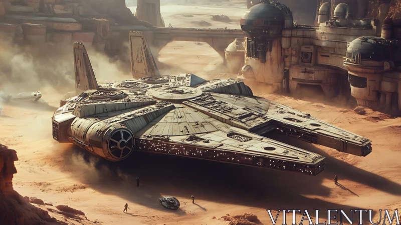 Dusty desert starship resting beside worn spaceport walls.