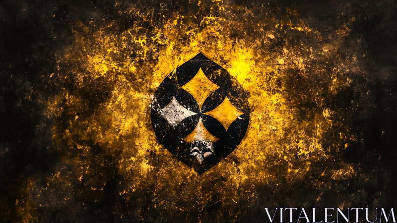 Grunge diamond emblem with lion motif on yellow field