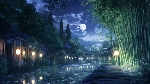 Moonlit bamboo riverside walk glowing with gentle lanterns.