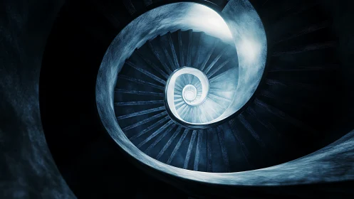 Spiral staircase vortex with cinematic blue radial lighting.
