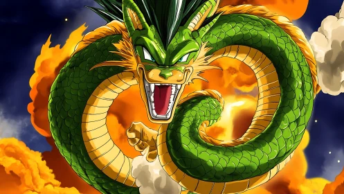 Emerald celestial dragon coils through blazing storm sky.