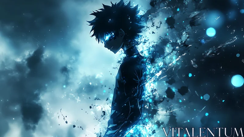 Silhouetted energy figure dissolving into blue particles.