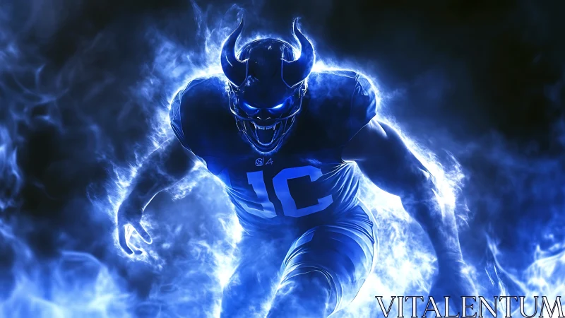 Demonic football warrior charges through electric blue flames
