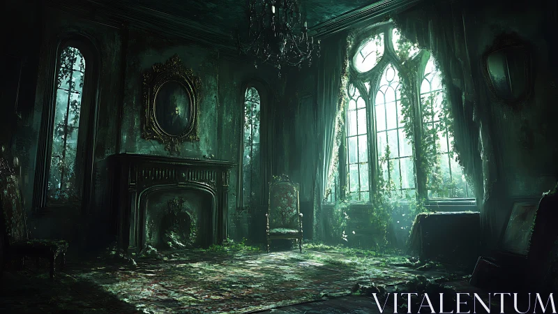 Moonlit ivy conquers a forgotten emerald drawing room