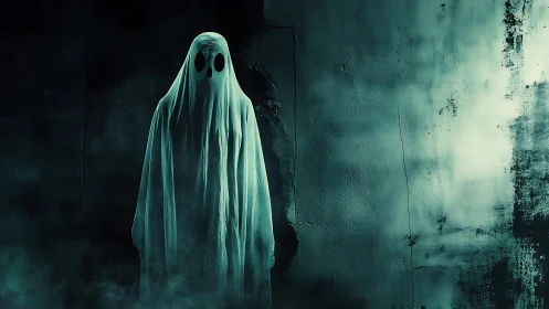 Gentle ghost in teal mist waits by a crumbling wall.