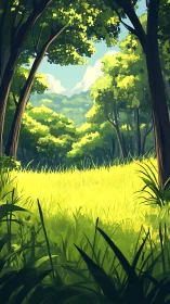 Forest clearing with mature trees and bright meadow.