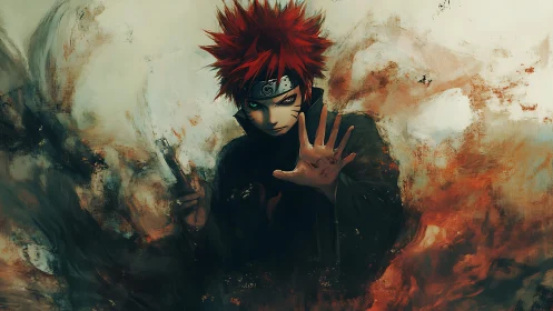 Red haired ninja with glowing eyes in swirling smoke.