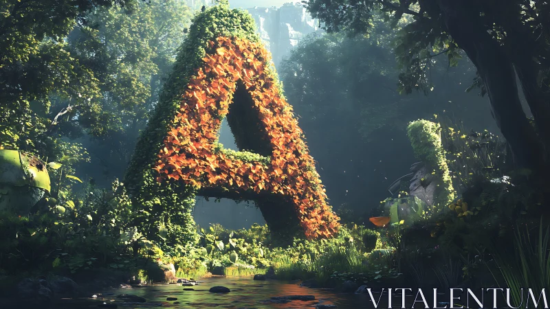 Lush forest letter A rises gently from a sunlit woodland stream