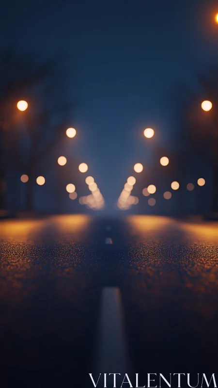 Midnight boulevard vanishing into misty bokeh glow.