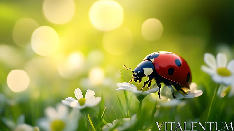 Sunny garden stroll with a glossy ladybug friend.
