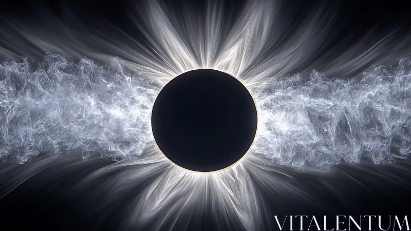 Digital painting of eclipsed core with radial luminous corona.