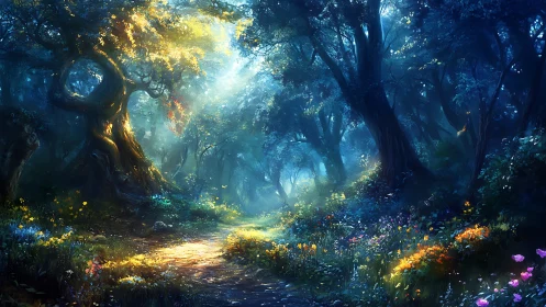 Luminous Forest Pathway: Arboreal Canopy with Radiant Illumination and Chromatic Florals.