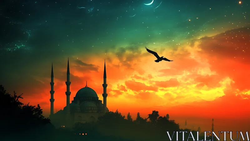 Silhouetted mosque rises beneath a radiant cosmic sunset sky