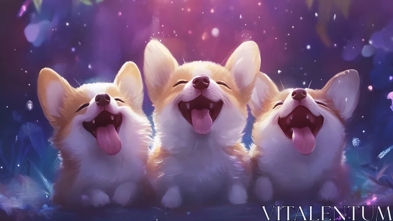 Digital painting of joyful corgi trio under luminous bokeh haze.
