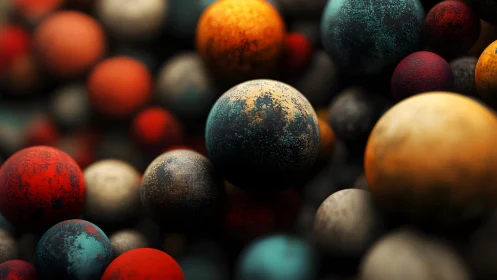Macro depth-of-field array of weathered multicolor 3D spheres.