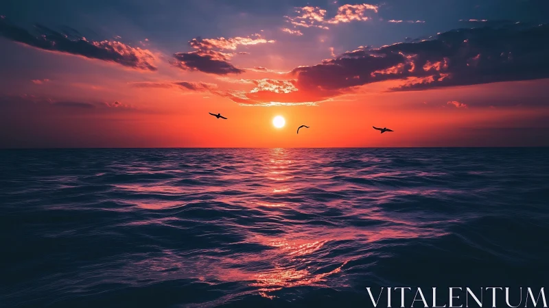 Gentle ocean sunset with soaring birds and glowing waves.