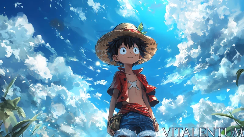 Straw hat boy under bright blue sky with clouds.