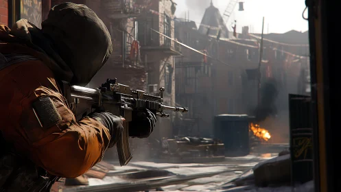 Hooded rifleman advances through war‑torn urban street.