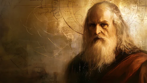 Wise elder bathed in golden light and swirling diagrams.