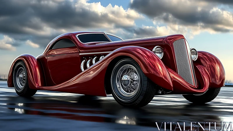 Streamlined red retro coupe on wet reflective pavement.