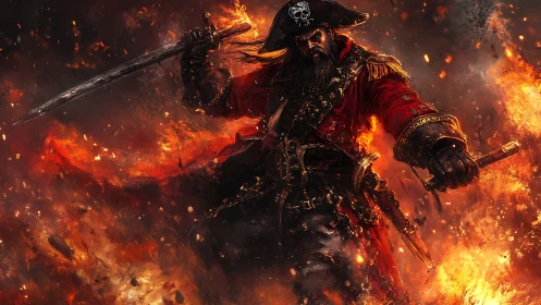 Dynamic digital painting of a fire-lit pirate warlord in battle.