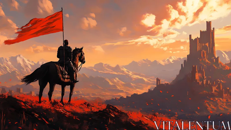 Lone armored rider with red banner facing distant fortress.