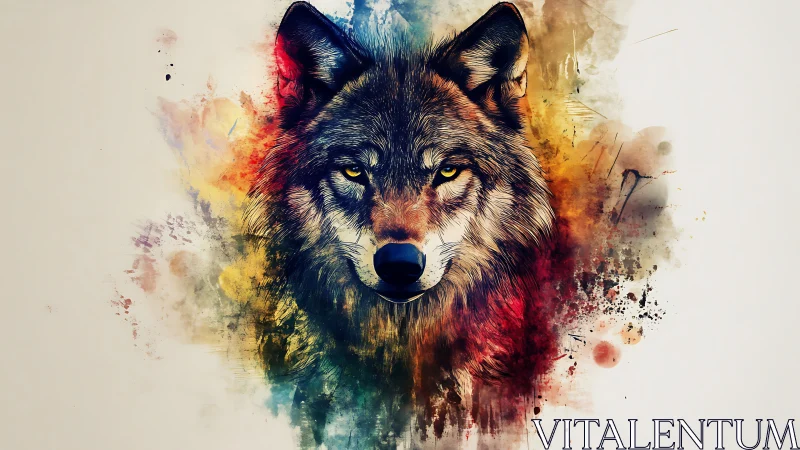 Vivid watercolor wolf portrait with splattered abstract color.