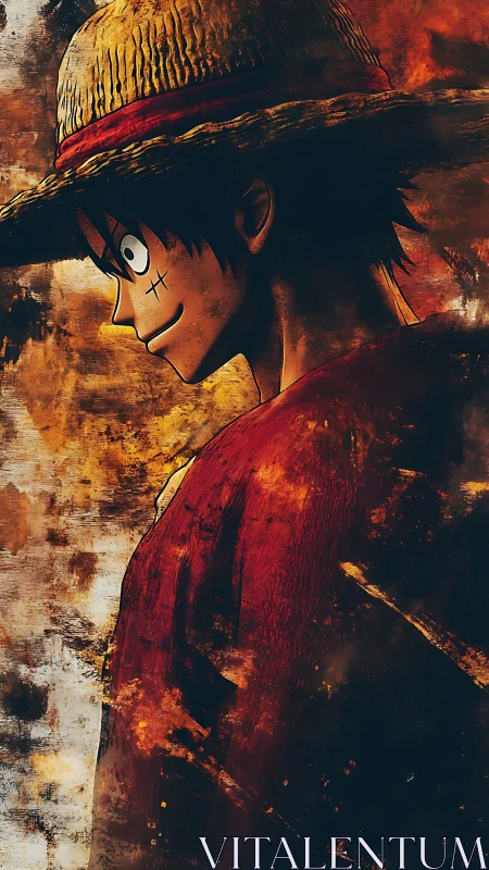 Straw hat anime hero in fiery textured portrait profile.