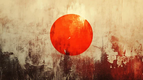 Weathered red sun on textured abstract wall background.