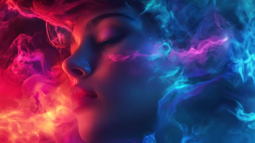 Chromatic portrait of serene woman in neon vapor clouds.