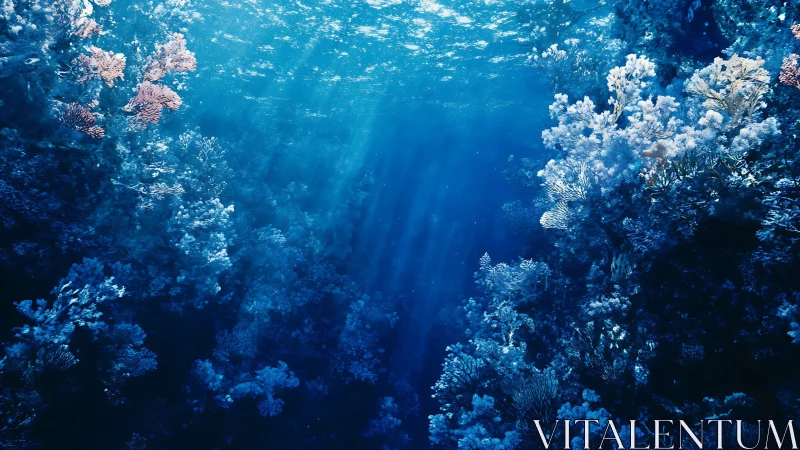 Sunlit underwater coral reef scene with dense blue growths.