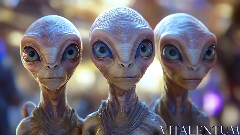 Three detailed alien figures with large eyes in soft light.