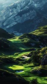 Sunlit mountain golf course winding through quiet green valleys.