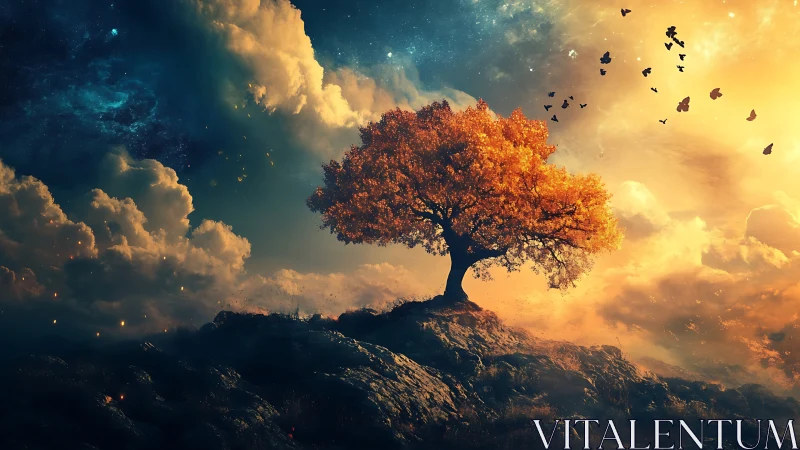 Solitary autumn tree on rocky ridge under dual sky twilight