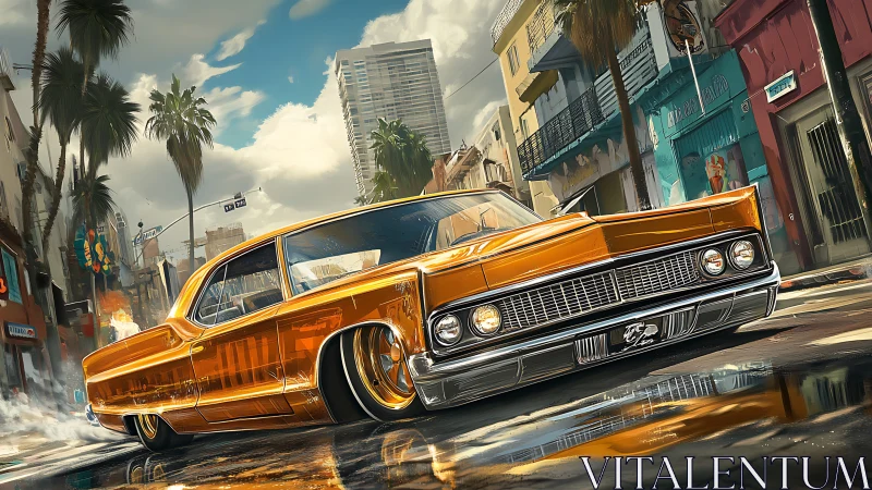 Chrome lowrider blazes through sunlit neon barrio streets.