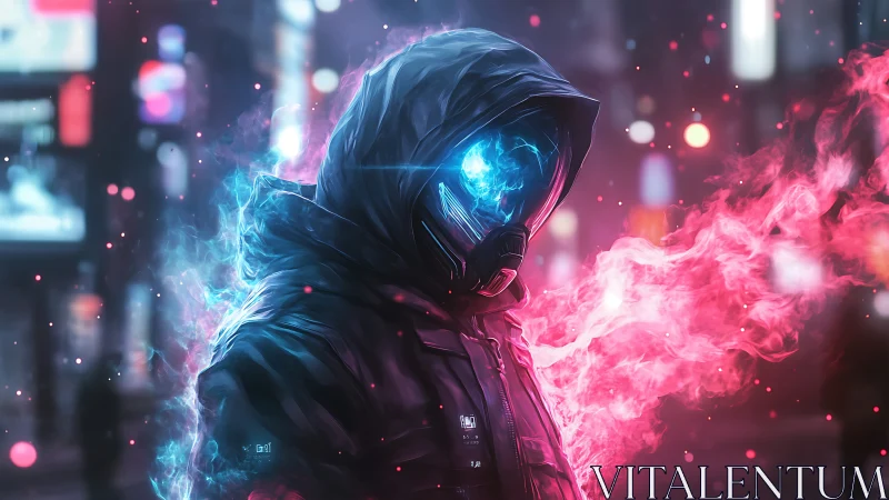 Neon-hooded cyber specter amid glowing vapor trails.