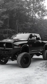 Bold lifted black truck parked quietly at the forest edge.