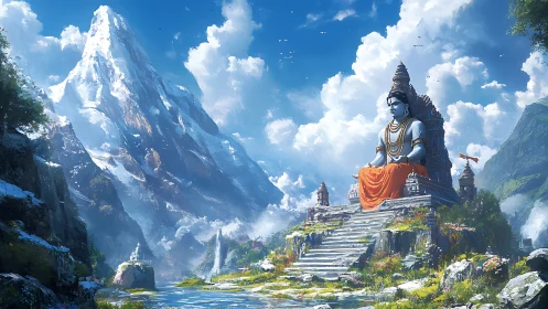 Mountain temple serenity with seated blue deity and clouds.