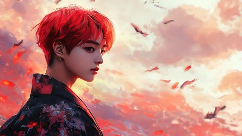 Red haired figure in patterned coat under vivid sunset sky